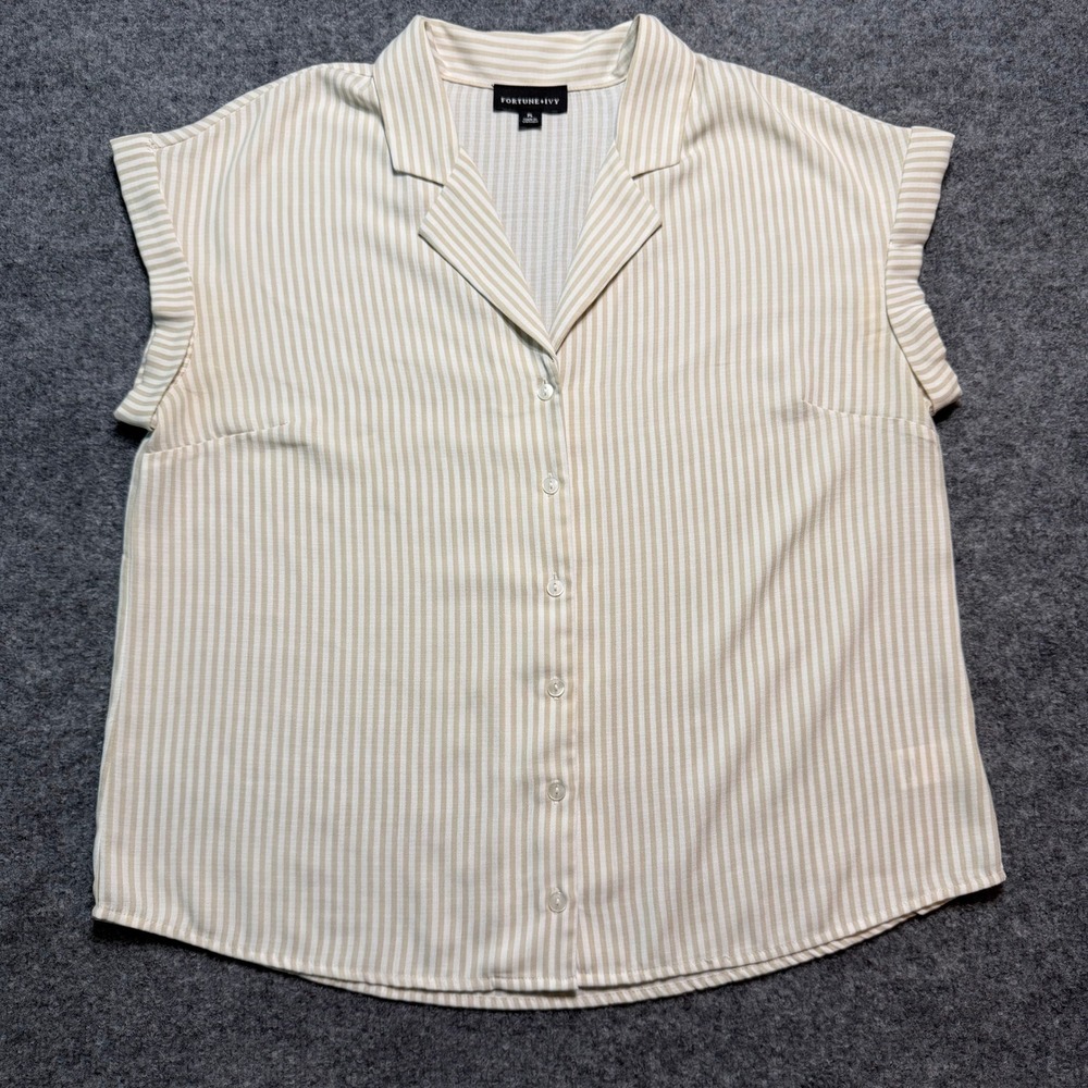 FORTUNE+IVY‎ Striped Button Front Blouse XL Beige Collared Top